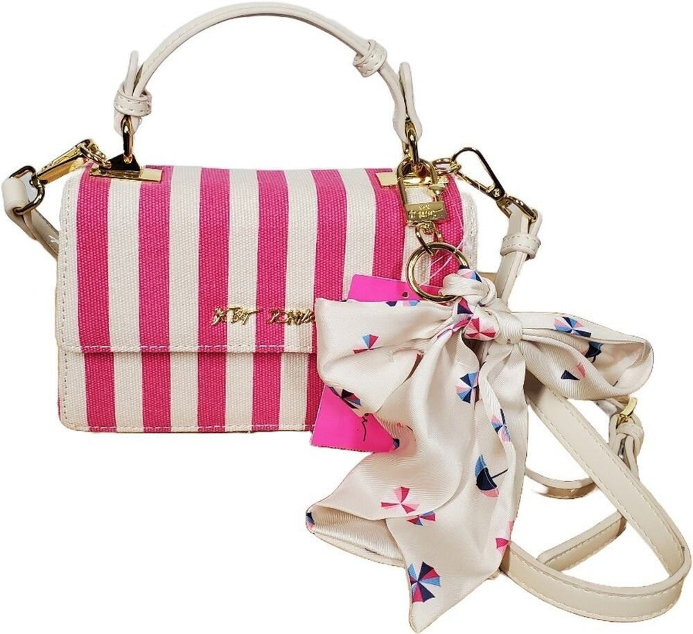 Betsey Johnson XOJULES Striped Pink/White Canvas Crossbody Bag, Magnetic Closure